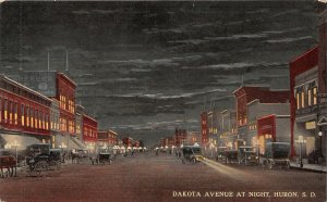 H47/ Huron South Dakota Postcard 1924 Dakota Avenue Night Stores Autos