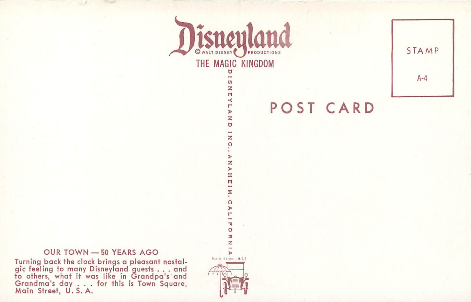 Disneyland Postcard Our Town 50 Years Ago A4 Main Street USA | United ...