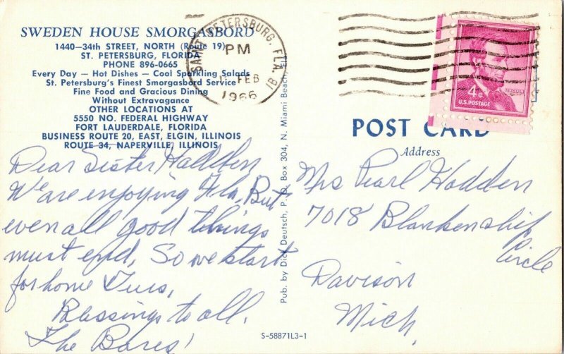 Sweden House 34th Street North St Petersburg Florida Vintage Postcard 4c Stamp 