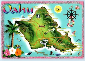 OAHU, HI Hawaii ~ Beautiful Artistic ILLUSTRATED MAP 4½x6½ Cartography Postcard