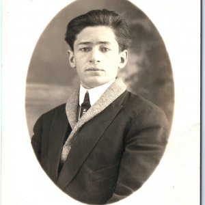 c1910s Mature Young Man Studio Portrait Winter Coat Scarf Photo Gentleman A162