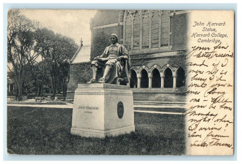 1908 John Harvard Statue, Cambridge Massachusetts MA Posted Cancel Postcard