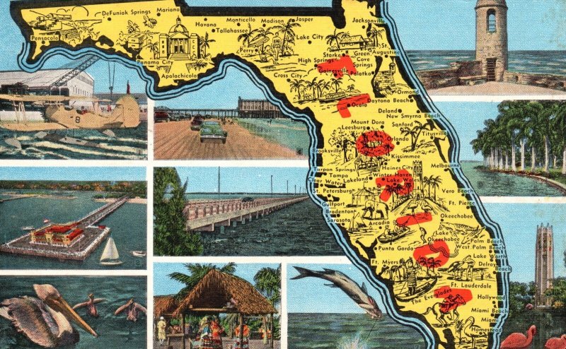 Vintage Postcard Florida Key Views Map Training Place Pier Beaches Villages Fla. 