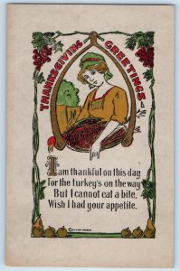 Thanksgiving Greetings Wishbone Pretty Woman Arts Crafts Signed Artist Postcard