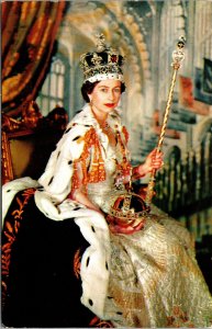 Queen Elizabeth II Crown Robe Scepter Throne England Postcard 