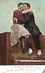 Postcard Try This On Your Piano! Man & Woman Hugging Each Other Lovers Artwork