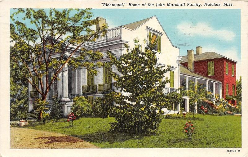 Natchez Mississippi~John Marshall Fammily Home Richmond~Info on Back~1946 PC