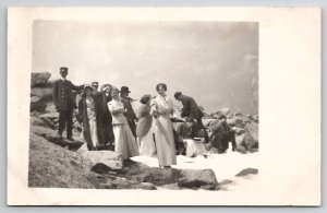 RPPC Trolley Conductors Ladies Large Rocks Man Builds Tiny Snowman Postcard V26