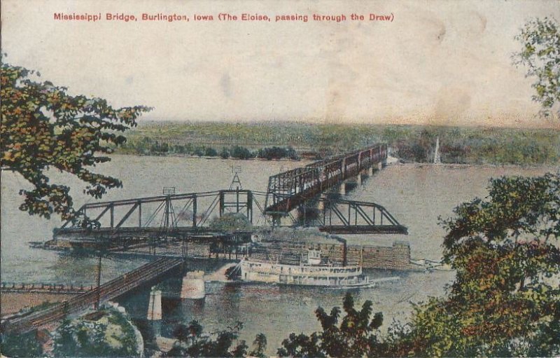 Postcard Mississippi Bridge Burlington Iowa Eloise passing through Drawbridge