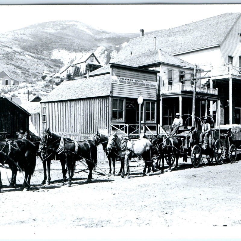 c1950s Silver City, Ida 1900s RPPC Repro Horse Team Downtown Real Photo PC A101