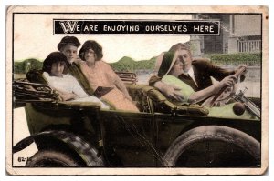 1915 We Are Enjoying Ourselves Here, Young Men & Women in a Car, Rough, Postcard