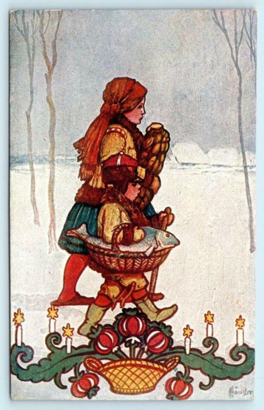 HÄUSER Artist Signed MERRY CHRISTMAS Russian Holiday Greeting c1910s Postcard