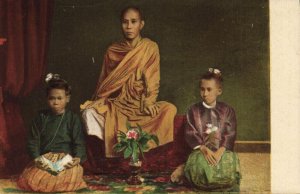 burma, Buddhist Monk with two Acolytes (1910s) Italian Mission Postcard