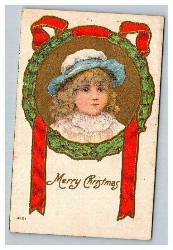 Vintage 1919 Christmas Postcard Cute Girl in Hat Xmas Gold Filled Wreath Red Bow