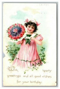 Vintage 1907 Tuck's Birthday Postcard Cute Girl Pink Dress Purple Pink Flowers