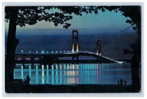 Vintage Night View Lights Mackinac Bridge In Michigan Postcard P145E