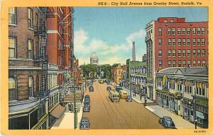 City Hall Avenue from Granby Street, Norfolk, Virginia VA Linen 1950