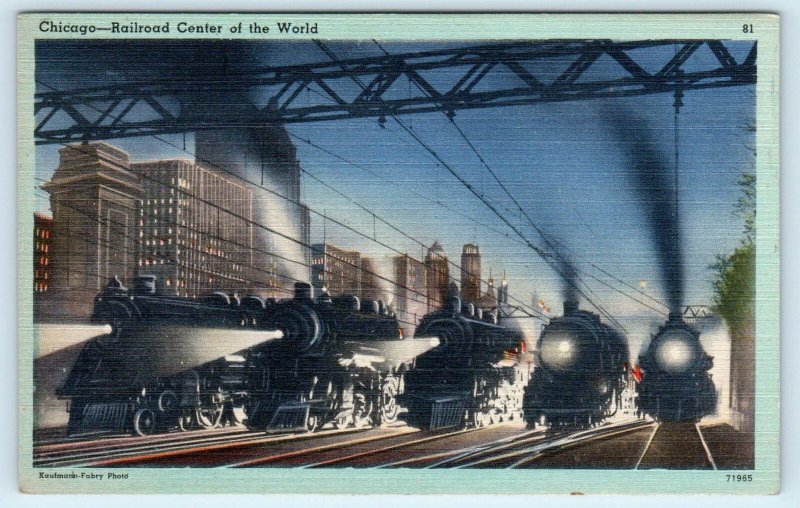 CHICAGO, IL ~ 5 RAILROAD STEAM ENGINES at NIGHT-Ready to Roll  c1940s Postcard