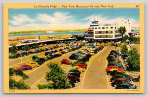 New York City~Municipal Airport~LaGuardia Field~Plane~Cars~Linen 1940s Postcard