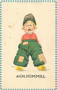 Vintage Crying Dutch Boy Ach, Himmel Comic Postcard by Wall 