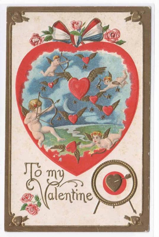 Cupid Hearts Gold Trimmed Valentine Day 1910c postcard