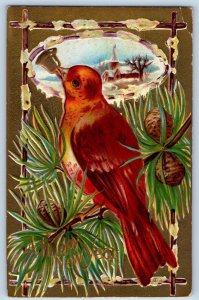 Racine Wisconsin WI Postcard New Year Bird Pine Cone Winter Scene Nash Embossed