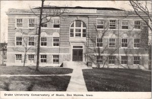 Des Moines Iowa Drake Univ Conserv or Music 1909 to Pleasantville IA Postcard X8