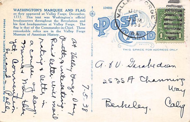 Washington's Marquee and Flag Valley Forge, Pennsylvania PA Postcard