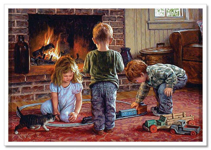 LITTLE GIRL & BOY play railroad Fireplace JIM DALY KIDS ART Modern Postcard