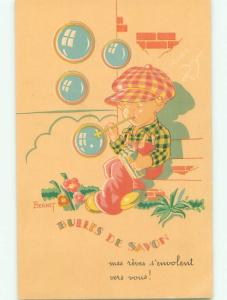 Pre-Linen foreign signed FRENCH BOY BLOWS SOAP BUBBLES k6762