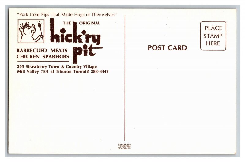 Postcard CA The Original Hick'ry Pit Barbecue Mill Valley California 