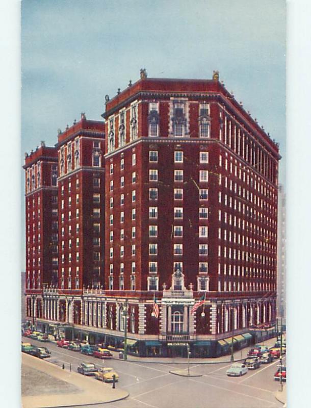 Unused 1950's OLD CARS & SHOPS & SYRACUSE HOTEL Syracuse New York NY Q5751@