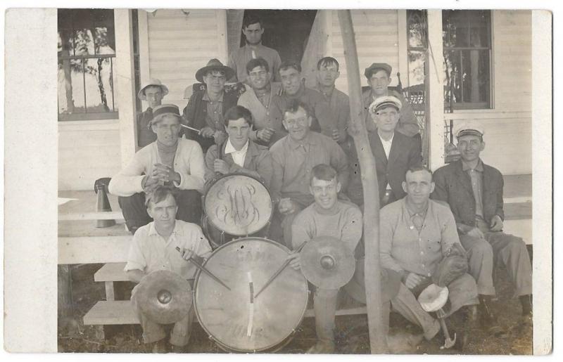 RPPC Men Gathered on Porch - Drums - Musical Instruments Real Photo Postcard