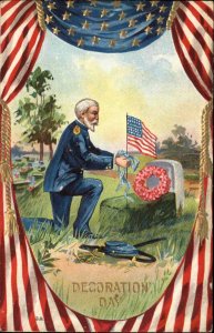 Decoration Day Civil War Veteran Puts Flowers on Grave c1910 Vintage Postcard