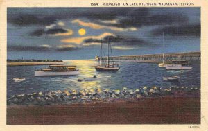 Waukegan Harbor By Moonlight Illinois 1940s linen postcard
