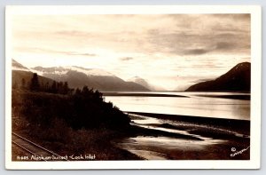 Anchorage-Nanwalek AK Sunset on Cook Inlet~Real Photo Postcard RPPC RR Tracks