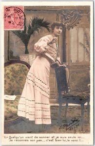 VINTAGE POSTCARD EXTRAVAGANT WOMAN IN ROMATIC POSE REAL PHOTO MAILED 1906