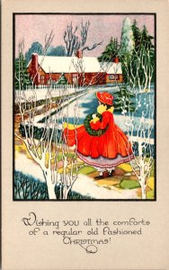 Christmas Postcard Well Dressed Woman Walk Stone Walkway Towards Snowy House