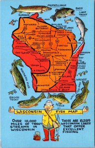 Linen Postcard Wisconsin Fish Map Caricature Roads Highways Name/Type of Fish