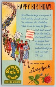 Tigerton Wisconsin~Clover Farm Stores Hobby Club Birthday Greeting~1942 Linen