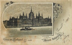 Litho postcard 1899 Hungary Budapest Parlament Danube steam boat navigation