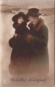 Victorian Couple Romantic In Snow New Year Vintage RPPC 09.11