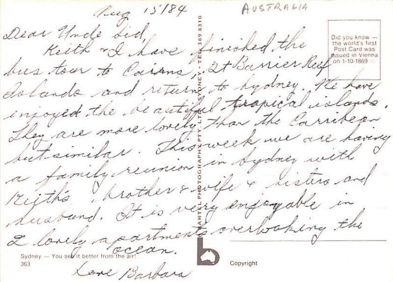 Birds Eye View Sydney Australia Writing on back 