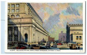 1922 Union Station Canal Street Entrances Classic Cars Chicago Illinois Postcard