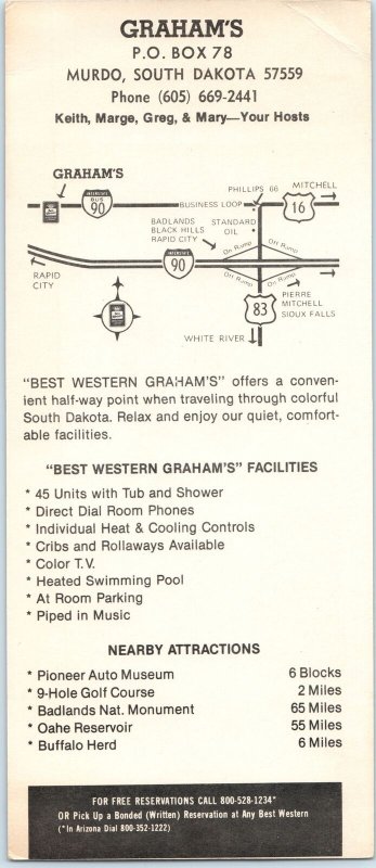 c1970s Murdo, SD Best Western Graham's Hotel Badlands Map 9 Advertising Card 3R