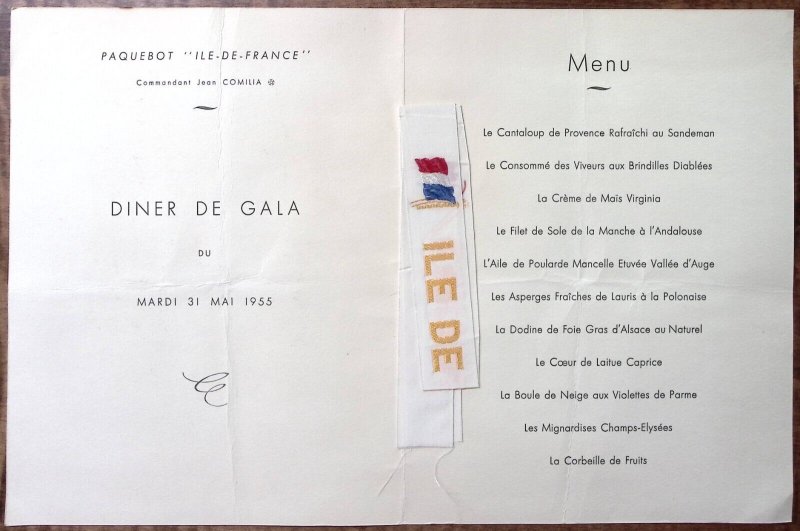 1955 CIE GLE TRANSATLANTIQUE FRENCH LINE VERSAILLES DINER DE GALA MENU Z5595