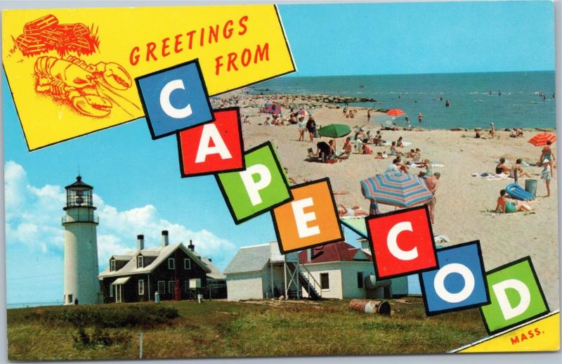 Greetings from Cape Cod - Lighthouse and Beach, block letters