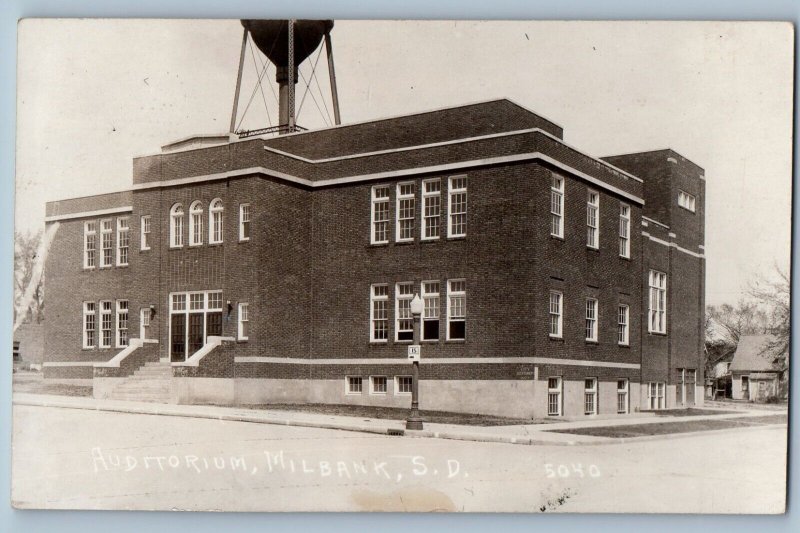 Milbank South Dakota SD Postcard RPPC Photo Auditorium Building Street View