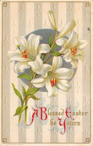 Blessed Easter 1909 Embossed Postcard Lilies Fleur-De-Lis by H. Wessler