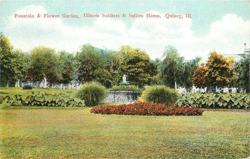 C-1910 QUINCY ILLINOIS Fountain Flower Garden Soldiers Sailors postcard 5317